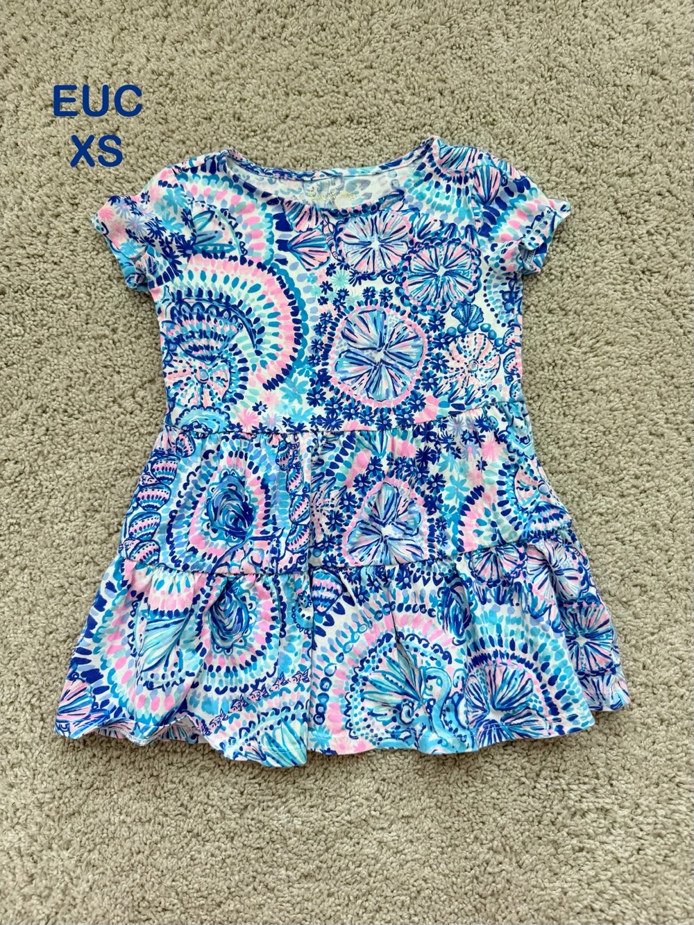 Lilly Pulitzer Girls Short Sleeve Tiered Dress in Blue, Pink & Aqua